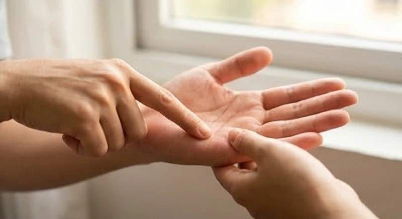 Ngón trỏ chỉ vào khu vực gò Sao Thủy nằm ngay dưới gốc ngón tay út trên lòng bàn tay