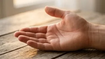 Bàn tay mở rộng dưới ánh sáng tự nhiên làm nổi bật vị trí gò Thổ Tinh trên bàn tay ở gốc ngón giữa
