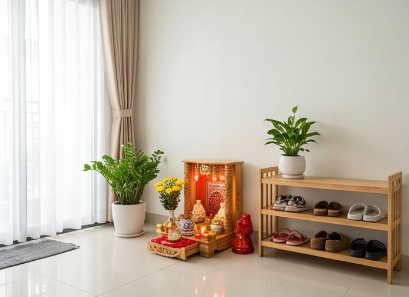 Hướng bàn thờ hợp tuổi Sửu: Phân biệt nam nữ & cung Lỗ Ban 6 Góc chéo 45 độ nhìn từ cửa chính là vị trí lý tưởng để đặt bàn thờ Thần Tài tụ lộc