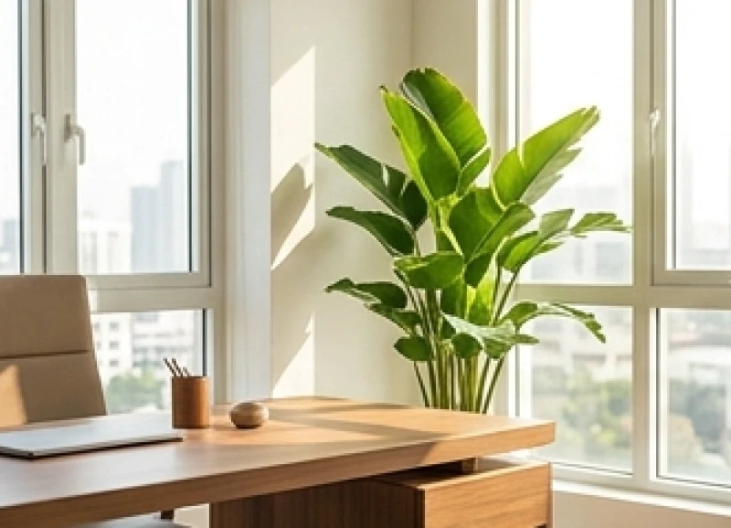 Góc làm việc tràn ngập ánh sáng ở hướng Đông Nam với cây xanh vượng mộc khí