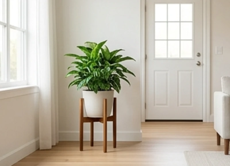 Tuổi Mão hợp cây gì: Chọn đúng mệnh, chuẩn hướng và ngân sách 8 Chậu cây xanh vượng khí đặt trên đôn gỗ cao ở góc chéo 45 độ so với cửa ra vào