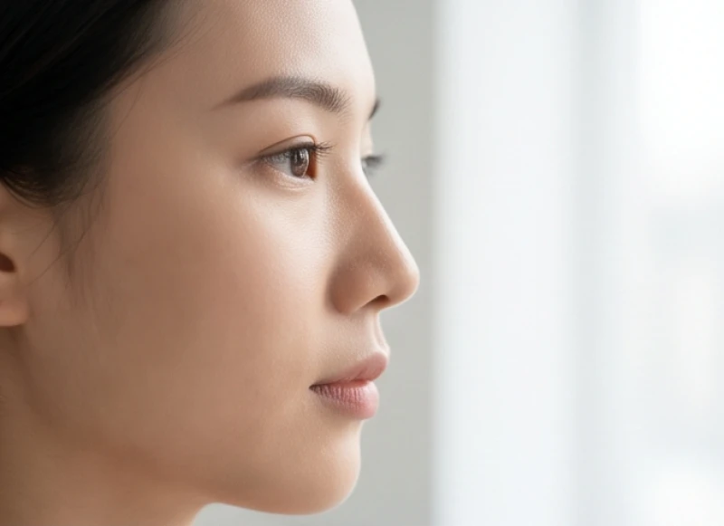 Góc nghiêng 90 độ minh họa dáng mũi tẹt hoàn toàn thiếu độ nhô ở trụ mũi và đầu mũi