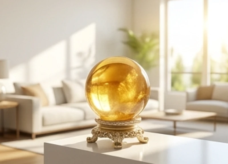 Một quả cầu thạch anh vàng rực rỡ được đặt tại góc chéo 45 độ so với cửa ra vào phòng khách