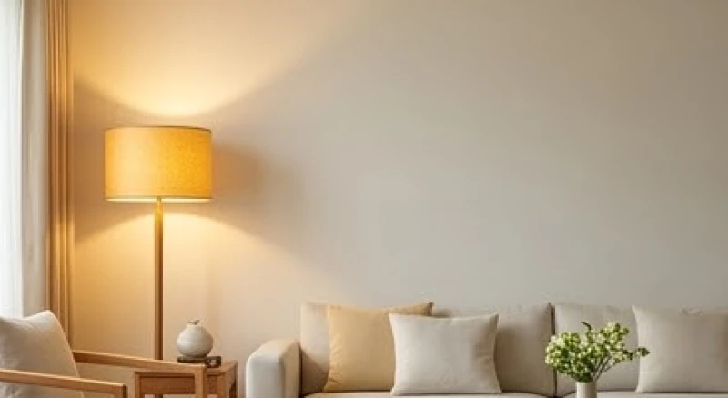 Đèn ánh vàng ấm áp chiếu sáng khu vực góc tài vị chéo 45 độ ở phòng khách