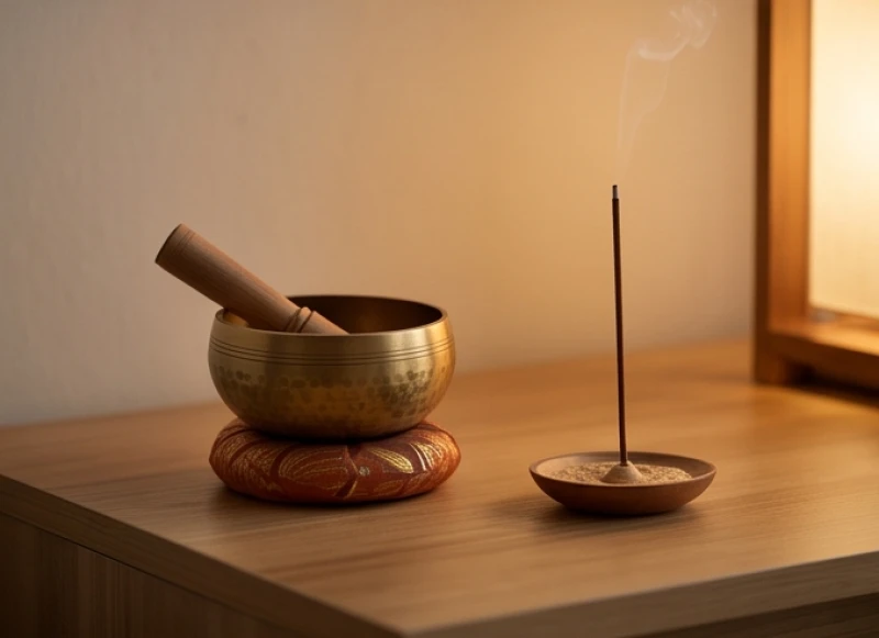 Một góc tĩnh lặng bày trí chuông xoay và nụ trầm hương đang tỏa khói mờ ảo êm dịu