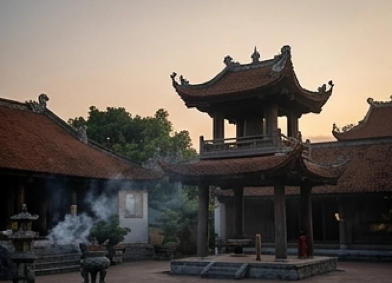 Một góc sân chùa vắng lặng với tháp chuông bằng gỗ và khói nhang mờ ảo dưới ánh chiều tà