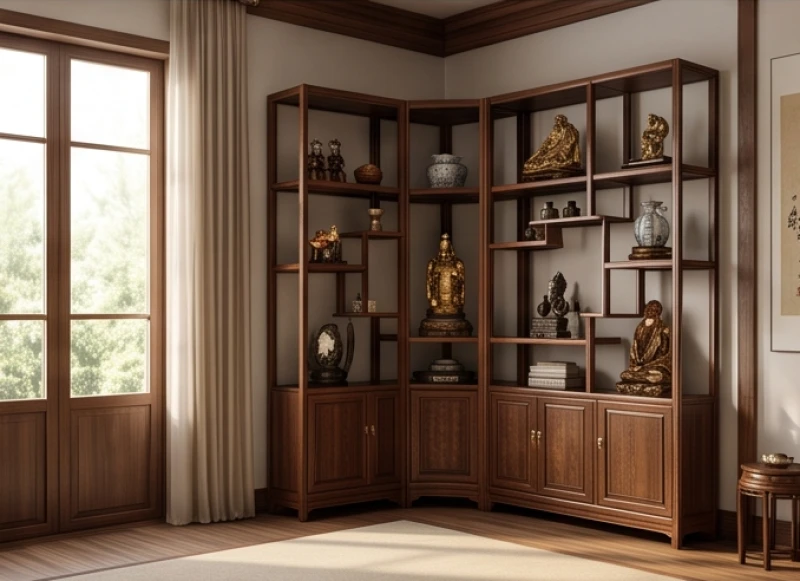 Linh vật phong thủy tuổi Mão: danh sách kiêng kỵ và cách an vị 10 Góc chéo tụ khí trong phòng khách được bài trí trang nhã với kệ gỗ đặt linh vật hướng ra cửa sổ