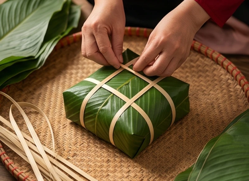 Mơ thấy ngày Tết: Điềm báo từng tình huống và con số may mắn 6 Đôi bàn tay đang khéo léo gói những chiếc bánh chưng xanh vuông vức