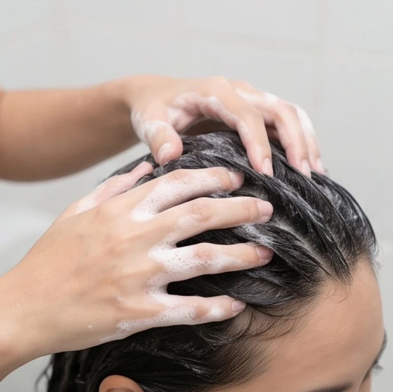 Bàn tay dùng phần thịt mềm ở các đầu ngón tay xoa bóp nhẹ nhàng lớp bọt dầu gội trên vùng da đầu