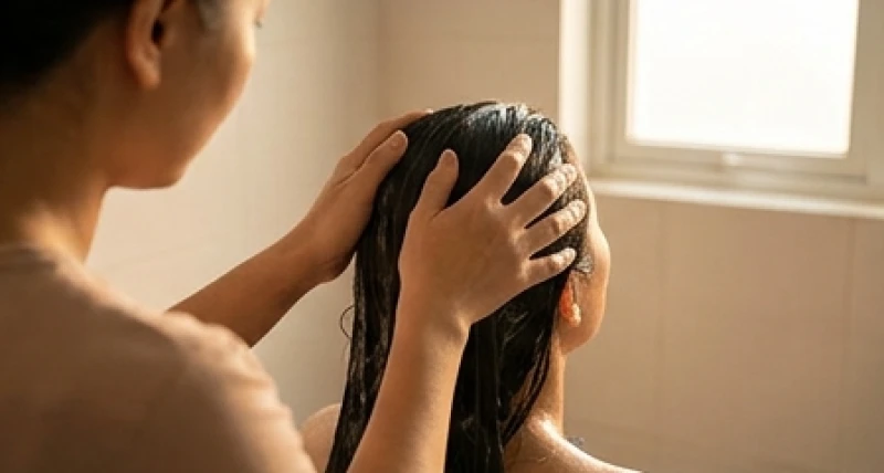 Bàn tay ân cần gội đầu cho người thân, cử chỉ nhẹ nhàng và trìu mến trong không gian ấm cúng