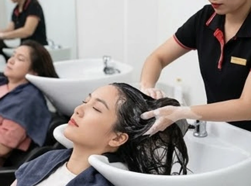 Kỹ thuật viên cẩn thận xả phần ngọn tóc, giữ cho da đầu hoàn toàn khô ráo sau khi làm thủ thuật