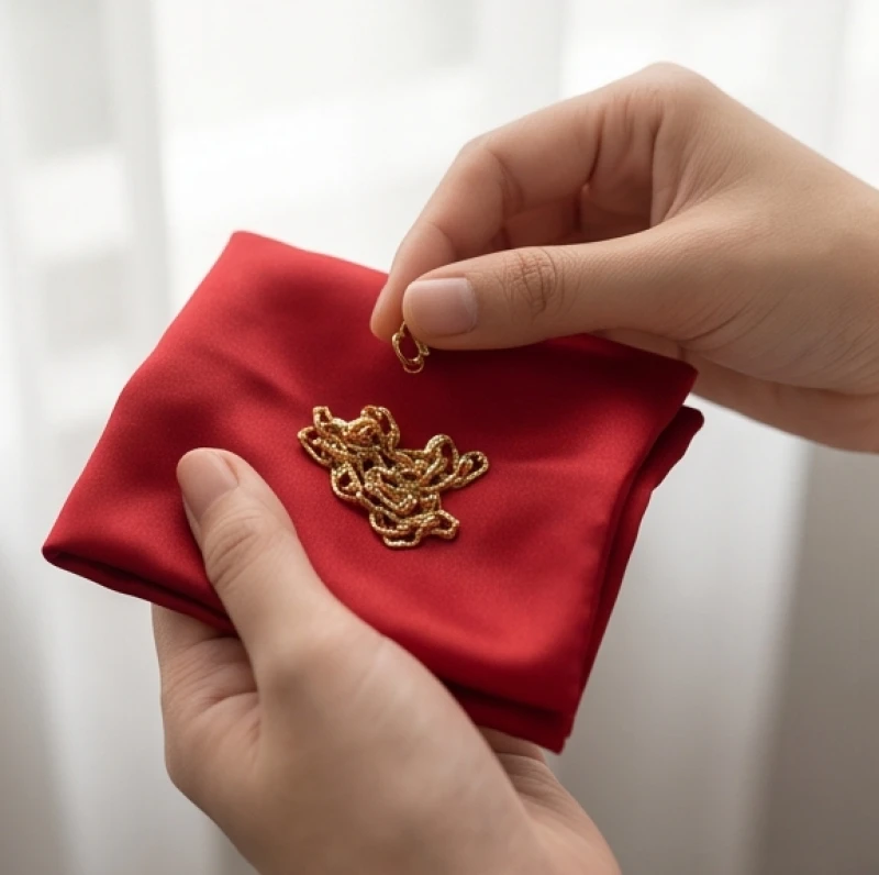 Đứt dây chuyền vàng là điềm gì: Giải mã tâm linh và chi phí hàn 4 Bàn tay cẩn thận nhặt và gói những mảnh vụn của dây chuyền vàng vào một miếng vải lụa màu đỏ