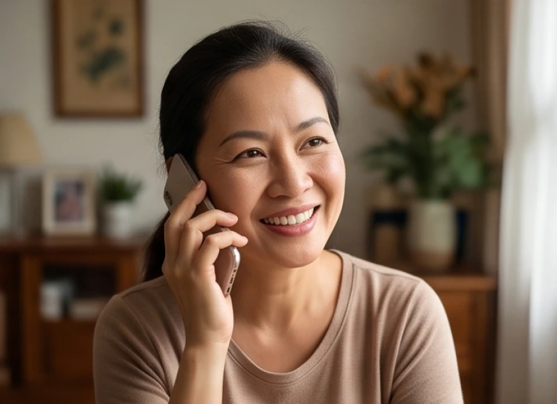 Người phụ nữ Việt Nam gọi điện thăm hỏi cha mẹ với nụ cười ấm áp, thể hiện sự kết nối gia đình