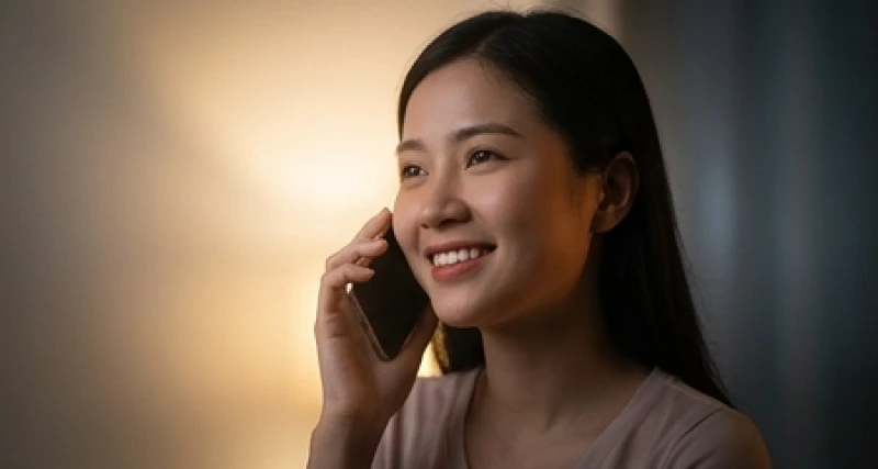 Người phụ nữ cầm điện thoại với vẻ mặt an tâm khi mơ thấy gọi điện cho người thân