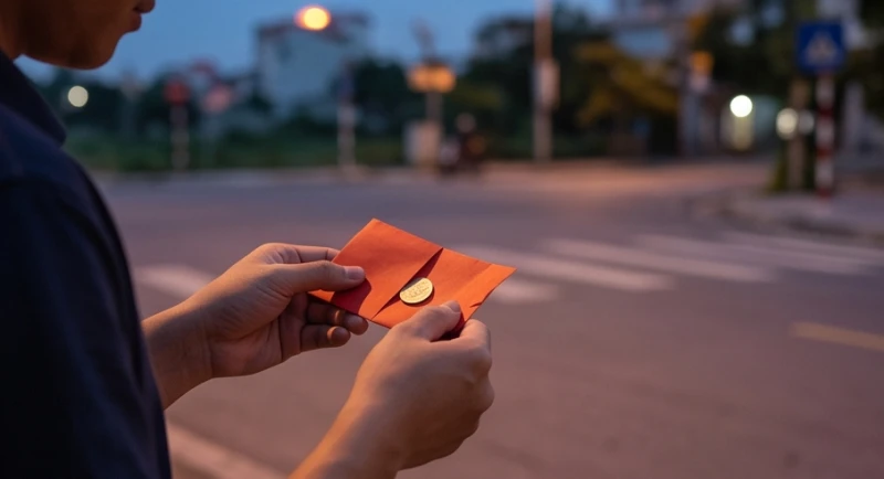 Tờ giấy đỏ gói kín một ít tóc rối và tiền lẻ đại diện cho vận hạn Tam Tai cần được xua tan triệt để