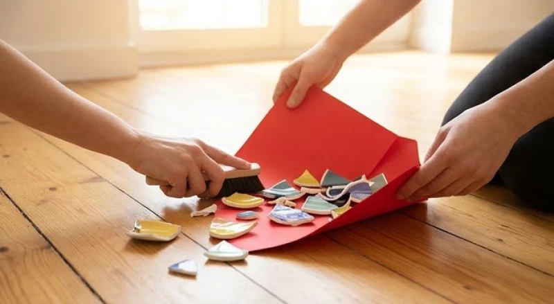 Mảnh vỡ của chiếc ly sứ được gói cẩn thận bằng một tấm bìa màu đỏ rực để đem đi vứt bỏ