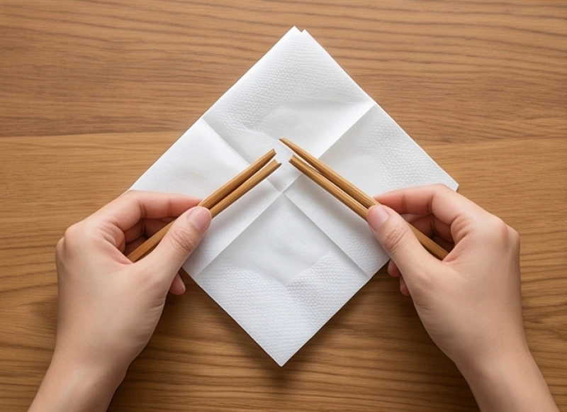 Hai mảnh đũa gãy được bọc cẩn thận bên trong tờ khăn giấy trắng trước khi bỏ đi