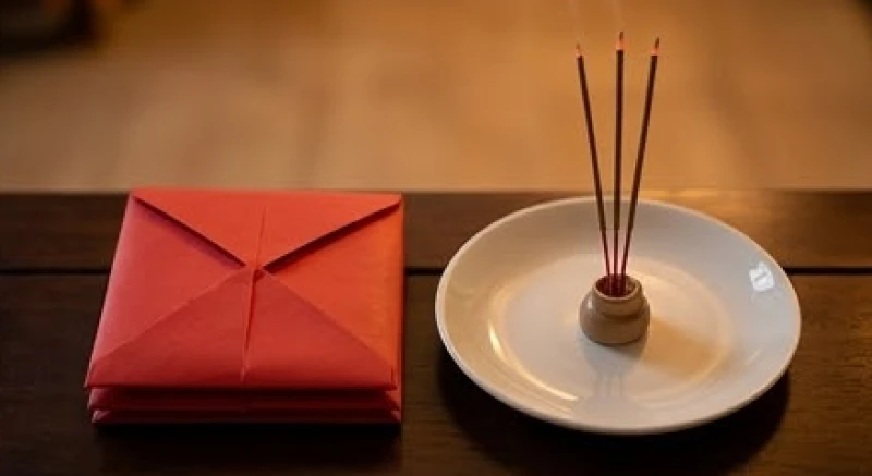 Gói giấy đỏ được gấp vuông vức đặt cạnh ba nén nhang trầm trên chiếc đĩa sứ trắng truyền thống