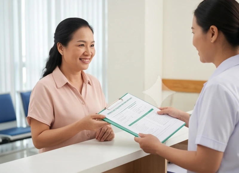 Sức khỏe tuổi Tỵ năm 2026: Phác đồ y khoa và lịch khám 11 Bệnh nhân nhận kết quả khám sức khỏe tổng quát từ bác sĩ tại quầy tư vấn của bệnh viện