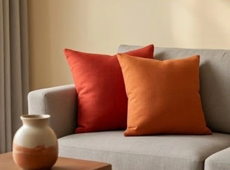 Những chiếc gối tựa lưng màu đỏ gạch và cam đất nổi bật trên chiếc ghế sofa êm ái