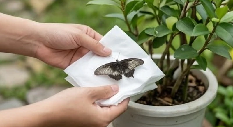 Thao tác dùng khăn giấy sạch gói ghém xác bướm đen cẩn thận để đưa ra ngoài bồn cây tự nhiên
