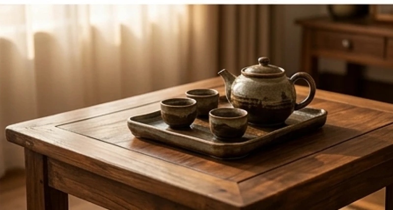 Bộ ấm trà và bình hoa gốm sứ mộc mạc tông màu nâu đất giúp dung hòa năng lượng trong gia đình