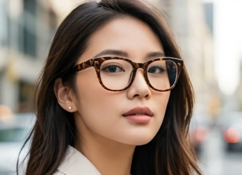 Người phụ nữ đeo kính gọng nhựa bản to màu đồi mồi giúp che đi khuyết điểm đôi mắt lồi