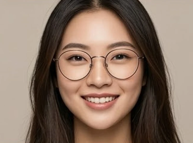Người phụ nữ đeo kính gọng tròn giúp làm dịu đi độ sắc cạnh của tướng mắt xếch