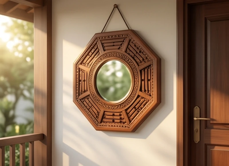 Gương bát quái lồi treo trước hiên nhà nhằm phản xạ lại luồng khí xấu từ hướng Tuyệt Mệnh
