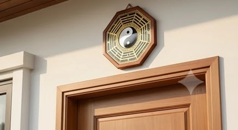 Gương bát quái lồi treo cố định giữa mép trên cửa chính nhằm phản xạ hung khí