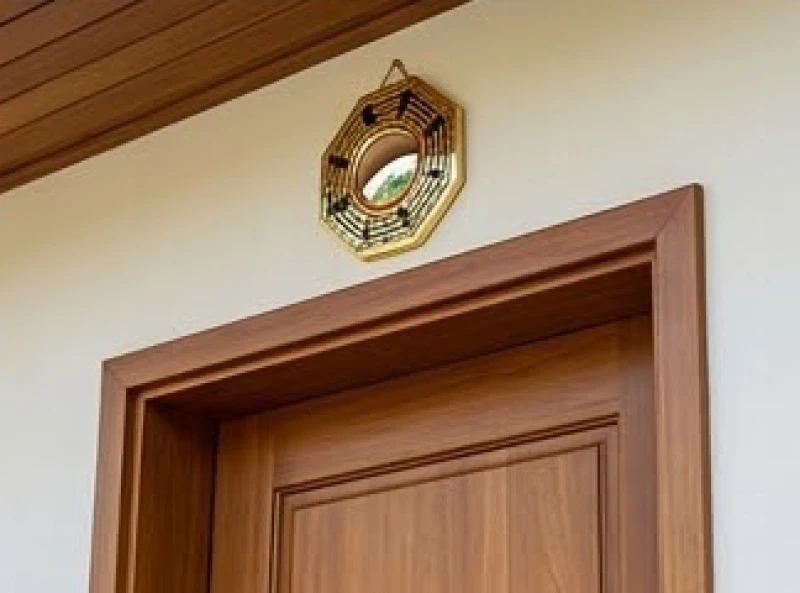 Gương bát quái lồi nhỏ gọn được treo khéo léo phía trên khung cửa chính bằng gỗ của một ngôi nhà