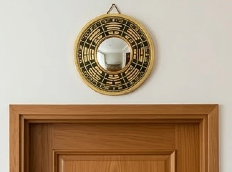 Gương bát quái lồi treo trang trọng trên cửa chính hóa giải nhà phạm kỵ