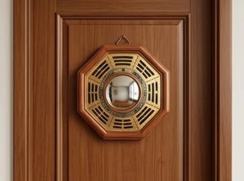 Gương bát quái lồi viền gỗ treo cẩn thận trước cửa chính để hóa giải mọi luồng sát khí