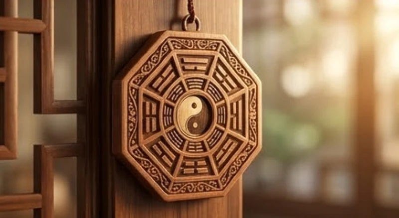 Gương bát quái bằng gỗ chạm khắc tinh xảo treo trước cửa nhà để phản xạ năng lượng xấu