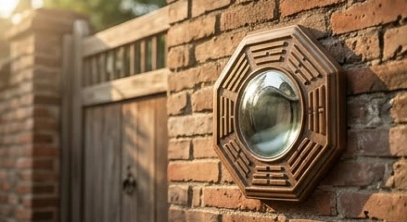 Gương bát quái lồi với mặt kính cong như mai rùa treo trước cổng nhà chống lộ xung sát