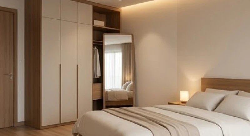Cách bố trí tủ quần áo và gương soi lệch khỏi tầm nhìn trực diện từ giường ngủ để tránh sát khí