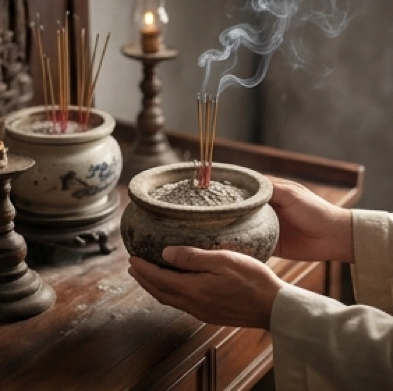 Gia chủ thắp ba nén nhang thành kính báo cáo và xin phép các chư vị thần linh trước khi di dời bát hương cũ