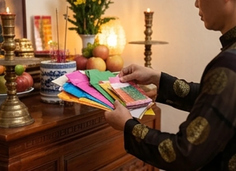 Người cúng cẩn thận hạ đồ mã và giấy tiền từ ban thờ xuống để chuẩn bị hóa vàng