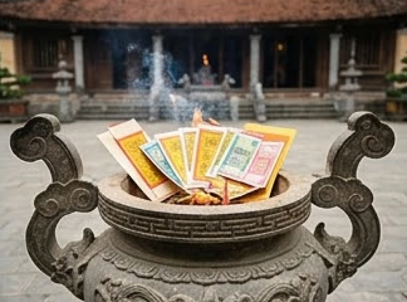 Văn khấn ngày tiệc Quốc Mẫu Tây Thiên: Bài cúng chuẩn 15/2 9 Cảnh hóa vàng mã sau khi kết thúc nghi thức dâng hương bái yết tại đền Thượng