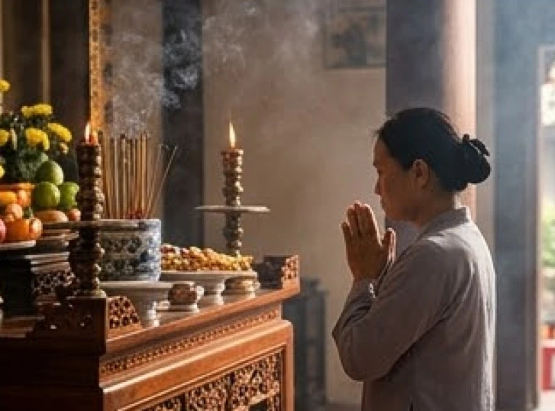 Người đi lễ cung kính vái tạ và chuẩn bị hạ mâm cỗ sau khi hương tàn hai phần ba