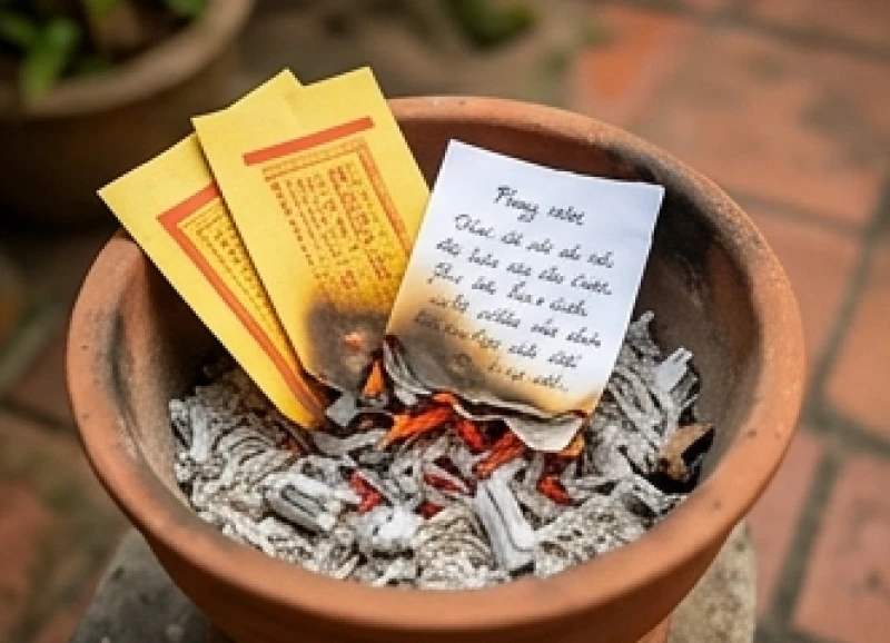 Văn khấn Giỗ Tổ Hùng Vương: Bài cúng chuẩn và Trình tự nghi lễ 9 Tiền vàng mã và tờ giấy chép văn khấn đang được đốt cháy hoàn toàn trong lò hóa vàng bằng đất nung