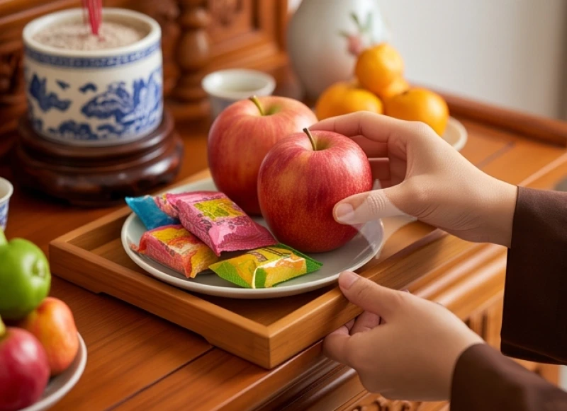 Sắp xếp các phần lộc gồm hoa quả tươi và phẩm oản để gia đình cùng nhau thụ lộc sau khi cúng
