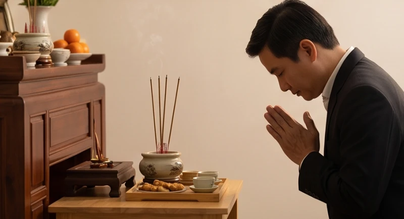 Chắp tay vái xin phép trước khi nhẹ nhàng dọn mâm cơm cúng xuống khỏi bàn thờ