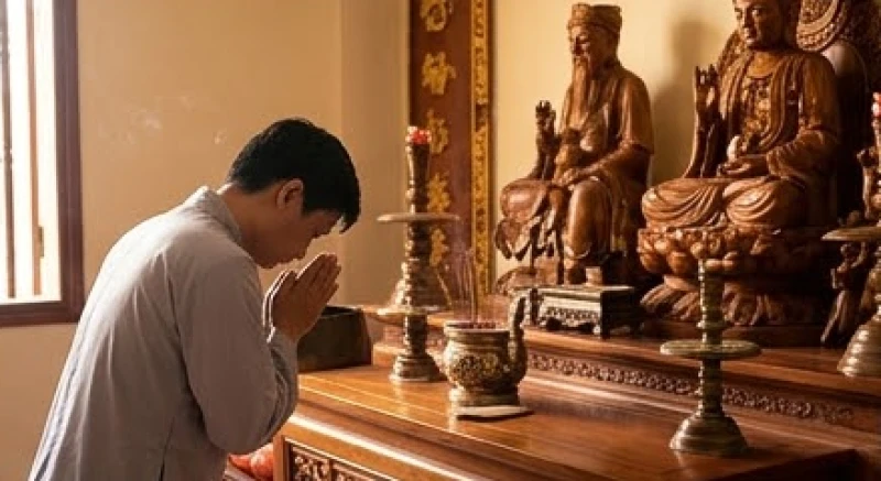 Người đi lễ đứng trước ban thờ Đức Ông chắp tay vái tạ để xin hạ mâm cúng tiếp theo
