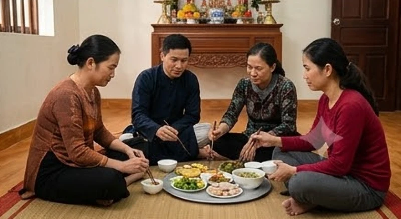 Các thành viên trong gia đình quây quần bên mâm cơm ấm cúng sau khi hoàn tất nghi thức hạ lễ giỗ đầu