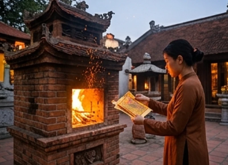 Văn khấn Đền Ngọc Sơn: Bài khấn các ban và quy trình đi lễ chuẩn 10 Người đi lễ cẩn thận mang sớ và tiền vàng mã đi hóa tại khu vực lò quy định của đền