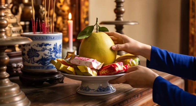 Văn khấn miếu Cô: Bài mẫu điền từ và bảng màu đồ mã chuẩn 6 Đôi bàn tay kính cẩn nhận phần lộc gồm quả bưởi và bánh kẹo từ mâm lễ trên ban thờ sau khi hương đã tàn