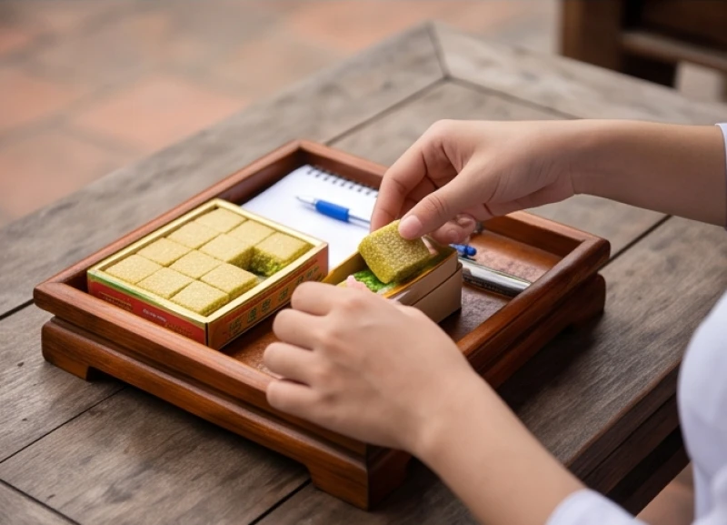 Người đi lễ cẩn thận thu dọn mâm lễ vật và lấy lại cây bút để mang vào phòng thi lấy may mắn