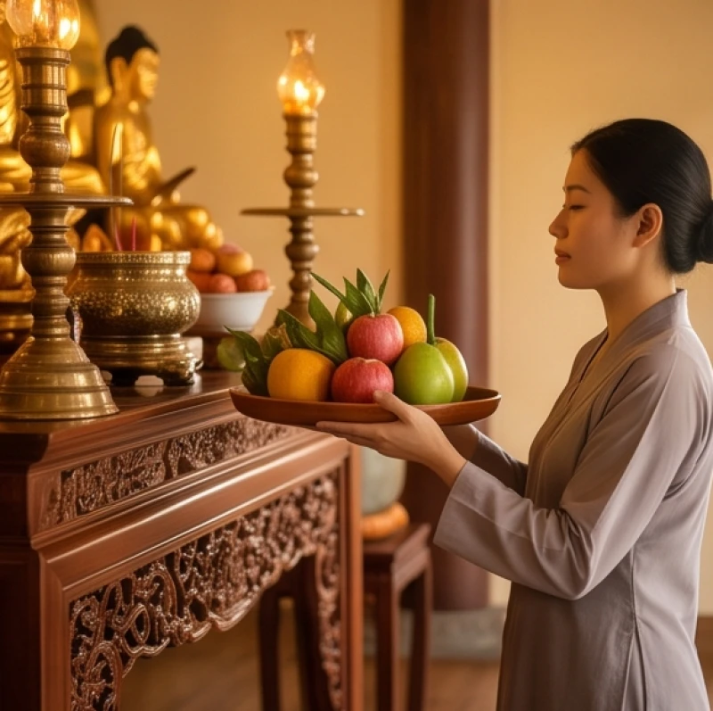 Hành động bưng mâm trái cây cúng bằng hai tay cẩn trọng, từ từ lùi lại ba bước trước khi quay lưng hạ lễ