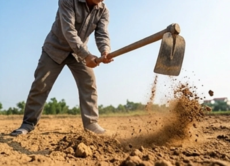 Chủ lễ hai tay vung mạnh chiếc cuốc mới bập thẳng xuống phần đất hướng Tây Bắc để chính thức khai mở mặt bằng